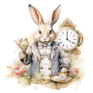 7 Clipart White Rabbit, Alice nel Paese delle Meraviglie, clipart acquerello stampabile, JPG di alta qualità, download digitale, artigianato con la carta, diario spazzatura