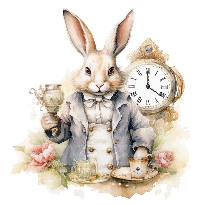 May include: A watercolor painting of a white rabbit wearing a blue suit and holding a silver cup. The rabbit is standing next to a vintage clock with Roman numerals. The background is a watercolor wash of pink and green.