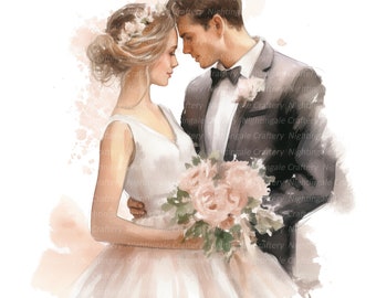 May include: A watercolor painting of a bride and groom in a romantic embrace. The bride is wearing a white wedding dress and holding a bouquet of pink roses. The groom is wearing a black suit and a white bow tie. The painting is set against a white background.