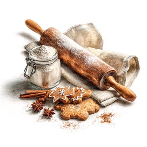 Pode incluir: Um rolo de madeira polvilhado com farinha repousa sobre um pano de linho, ao lado de um frasco de farinha, biscoitos de gengibre, paus de canela e anis estrelado. Os biscoitos são decorados com glacê branco. Tema de panificação e feriado.