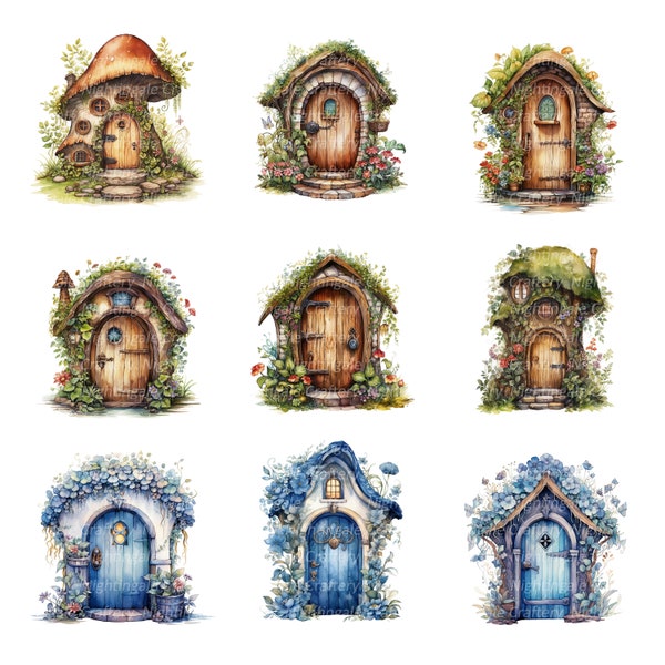 18 Fairy House Doors Clipart, Printable Watercolor clipart, High Quality JPGs, Digital download, High Resolution, Paper craft, junk journals