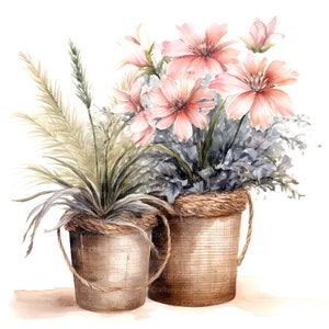 14 Rustic Flower Pots Clipart, Rustic Pots, Printable Watercolor clipart, High Quality JPGs, Digital download, Paper craft, junk journals image 2