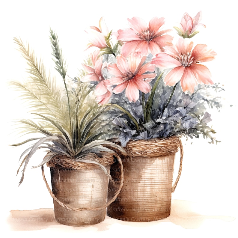 14 Rustic Flower Pots Clipart, Rustic Pots, Printable Watercolor clipart, High Quality JPGs, Digital download, Paper craft, junk journals image 2