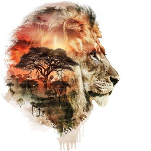 K&ouml;nnte beinhalten: Digitaler Kunstdruck mit dem Profil eines L&ouml;wen mit Aquarelleffekt. Das Fell des L&ouml;wen ist braun und beige, mit einer Sonnenuntergangsszene afrikanischer B&auml;ume und Savanne, die sich &uuml;ber die Silhouette des L&ouml;wen legt. Der Hintergrund ist wei&szlig;.