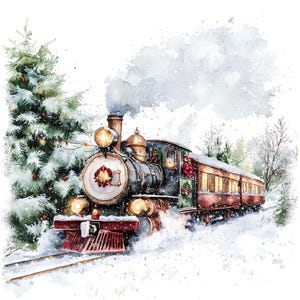 12 imágenes prediseñadas de tren de invierno, tren de Navidad, imágenes prediseñadas de acuarela imprimibles, JPG/PNG de alta calidad, descarga digital, manualidades de papel, diario basura