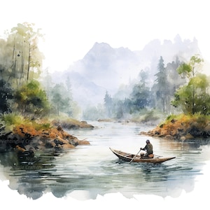 Ensemble de 16 cliparts de pêche homme 2, pêche en bateau, clipart aquarelle imprimable, JPG/PNG de haute qualité, téléchargement numérique, créations en papier, journal indésirable