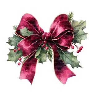 May include: Watercolor illustration of a burgundy velvet bow with gold trim, holly leaves, and red berries. The bow is a festive decoration, perfect for Christmas or holiday crafts. The image has a white background.