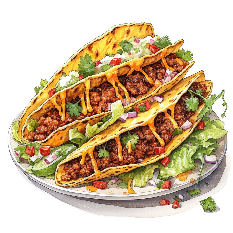 May include: Three soft tacos filled with ground beef, lettuce, tomatoes, onions, and a yellow sauce on a white plate.