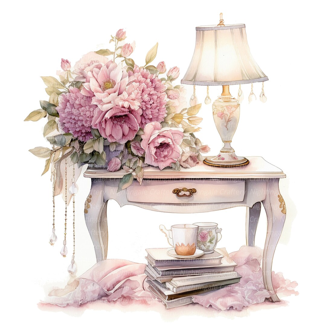 12 Vintage Floral Table Clipart, Shabby Chic, Printable Watercolor ...