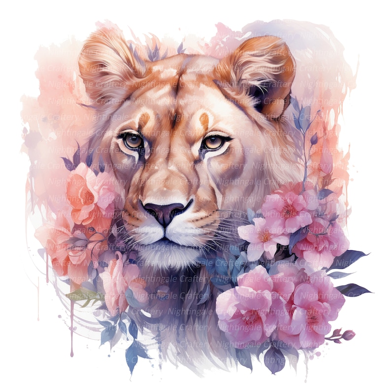 May include: A watercolor painting of a lioness with pink and white flowers surrounding her head. The lioness has a soft, gentle expression and her fur is a warm brown color. The flowers are delicate and add a touch of femininity to the image.