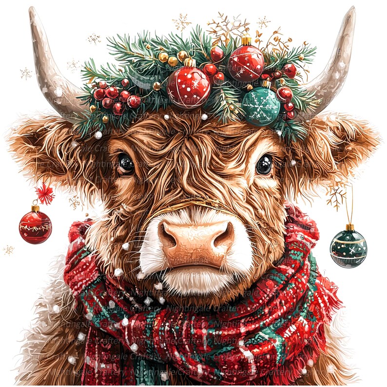 May include: A brown and white cow with a red and green plaid scarf and a wreath of pine branches, red and green ornaments, and red berries on its head. The cow is looking directly at the viewer.