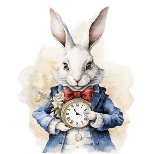 May include: A white rabbit wearing a blue suit with a red bow tie holds a gold pocket watch with roman numerals. The rabbit is painted in a watercolor style against a light brown background.