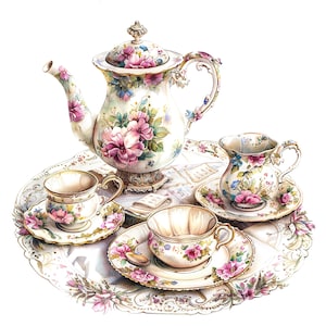 May include: A vintage tea set with floral designs. The set includes a teapot, creamer, two teacups, and saucers. The teacups and saucers are decorated with pink and white flowers. The teapot has a floral design with pink, white, and blue flowers.