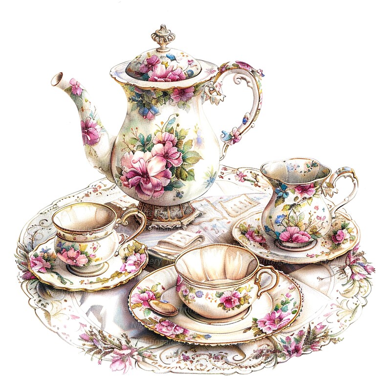 May include: A vintage tea set with floral designs. The set includes a teapot, creamer, two teacups, and saucers. The teacups and saucers are decorated with pink and white flowers. The teapot has a floral design with pink, white, and blue flowers.