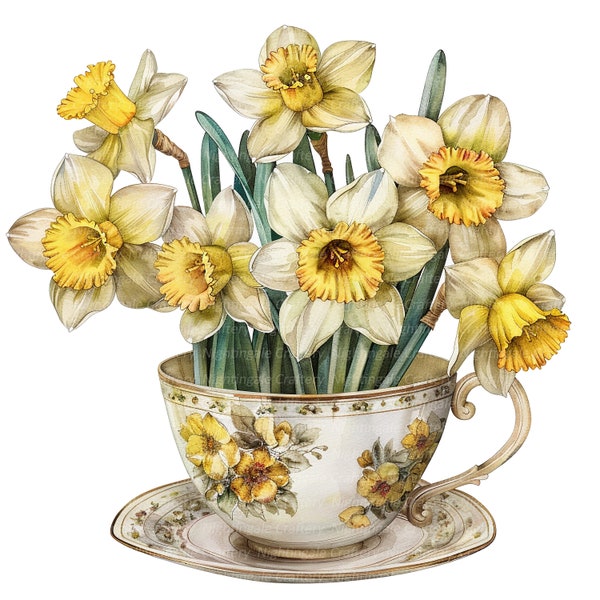 10 Daffodils In Tea Cup Clipart, Floral Tea Cup, Printable Watercolor clipart, High Quality JPG, Digital download, Paper craft, junk journal