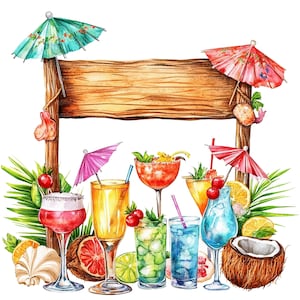 10 Clipart di cocktail tropicali, cartello da spiaggia, clipart acquerello stampabile, JPG/PNG di alta qualità, download digitale, creazione di carta, diario di scarto