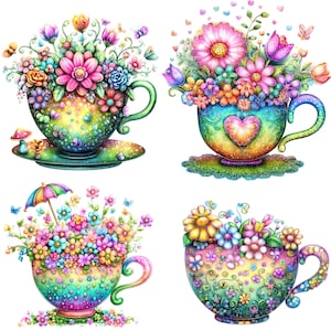 14 Clipart di tazze da tè floreali, Illustrazione di tazze da tè festose, Clipart stampabili, JPG di alta qualità, Download digitale, Carta artigianale, diari