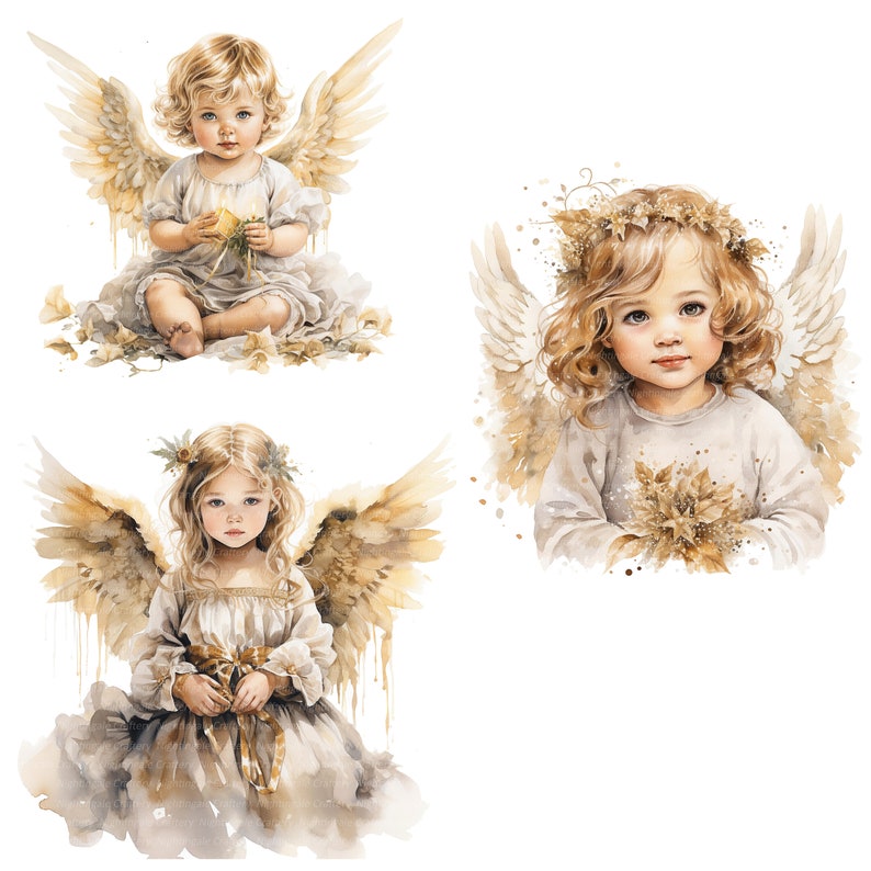 K&ouml;nnte beinhalten: Drei Aquarelle von Engeln mit goldenen Fl&uuml;geln. Jeder Engel ist ein junges M&auml;dchen mit blonden Haaren und einem wei&szlig;en Kleid. Die Engel sind in verschiedenen Posen und mit unterschiedlichen Gesichtsausdr&uuml;cken dargestellt.