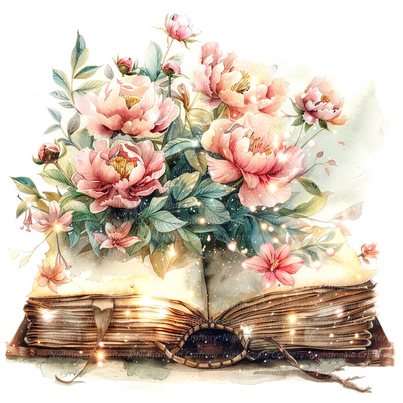 May include: An open book with a bouquet of pink peonies and other flowers on top. The book is old and has a worn leather cover. The flowers are surrounded by a soft glow, as if they are magical.