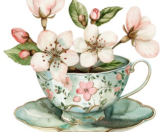 12 Floral Tea Cup Clipart, Blossoms and Tea Cup, Printable Watercolor clipart, High Quality JPG, Digital download, Paper craft, junk journal