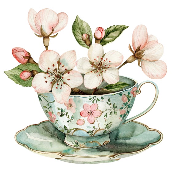 12 Floral Tea Cup Clipart, Blossoms and Tea Cup, Printable