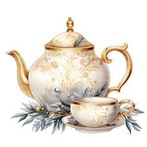 10 clipart adorável de bule, ouro luxuoso, clipart aquarela imprimível, JPGs de alta qualidade, download digital, artesanato em papel, diários indesejados
