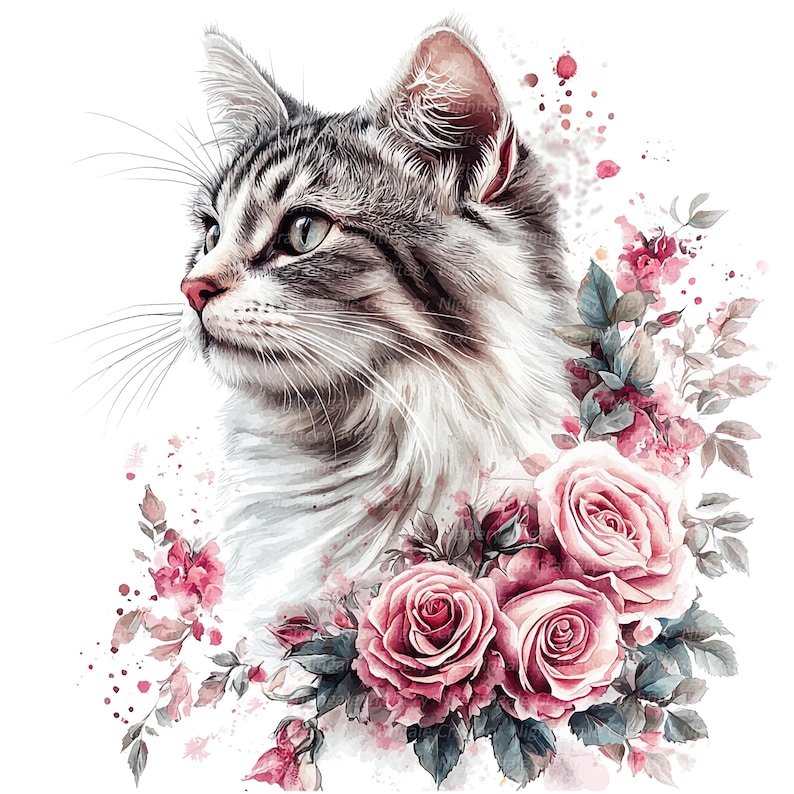 10 Floral Cats, Cats Clipart, Cat in Roses, Printable Watercolor ...