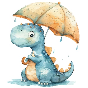 14 Imágenes prediseñadas de dinosaurios de dibujos animados, paraguas de dinosaurio, imágenes prediseñadas de acuarela imprimibles, JPG de alta calidad, descarga digital, artesanía de papel, revistas