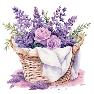 12 Kwiatowy Kosz Na Pranie Clipart, Lawenda, Wydrukowalny Akwarelowy Clipart, Wysokiej Jakości JPG, Pobieranie Cyfrowe, Rękodzieło Papierowe, Dzienniki Śmieciowe