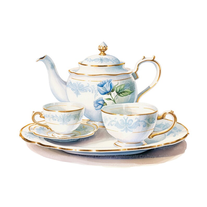 Peut inclure: Une th&eacute;i&egrave;re blanche avec des garnitures dor&eacute;es et des motifs floraux bleus, deux tasses &agrave; th&eacute; assorties et des soucoupes avec des garnitures dor&eacute;es et des motifs floraux bleus, et un plateau dor&eacute; &agrave; bord festonn&eacute;.