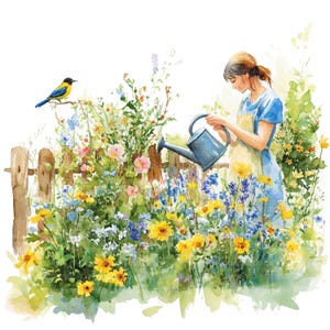 9 Clipart femme arrosant des fleurs, jardinage, clipart aquarelle imprimable, fichiers JPG de haute qualité, téléchargement numérique, créations en papier, journaux indésirables