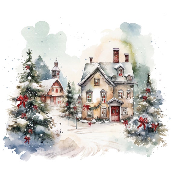 12 Christmas House Clipart, Christmas Card Art, Printable