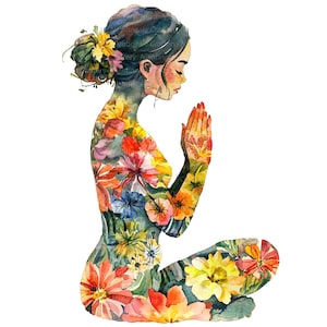 May include: Watercolor illustration of a person in a seated yoga pose, adorned with colorful flowers. The figure's form is filled with vibrant blooms in shades of red, yellow, blue, and orange, creating a floral design. The person's hair is styled with flowers.