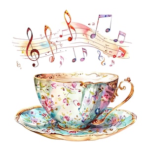 12 notes de musique tasse à thé Clipart, clipart aquarelle imprimable, JPG de haute qualité, téléchargement numérique, créations en papier, carnets de bord