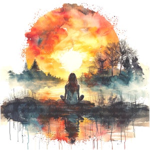 Puede incluir: Pintura a la acuarela de una persona meditando junto a un lago al atardecer. La obra presenta colores c&aacute;lidos, incluyendo naranja, amarillo y rojo, con un sol brillante y &aacute;rboles en el fondo. La imagen tiene una atm&oacute;sfera serena y pac&iacute;fica.