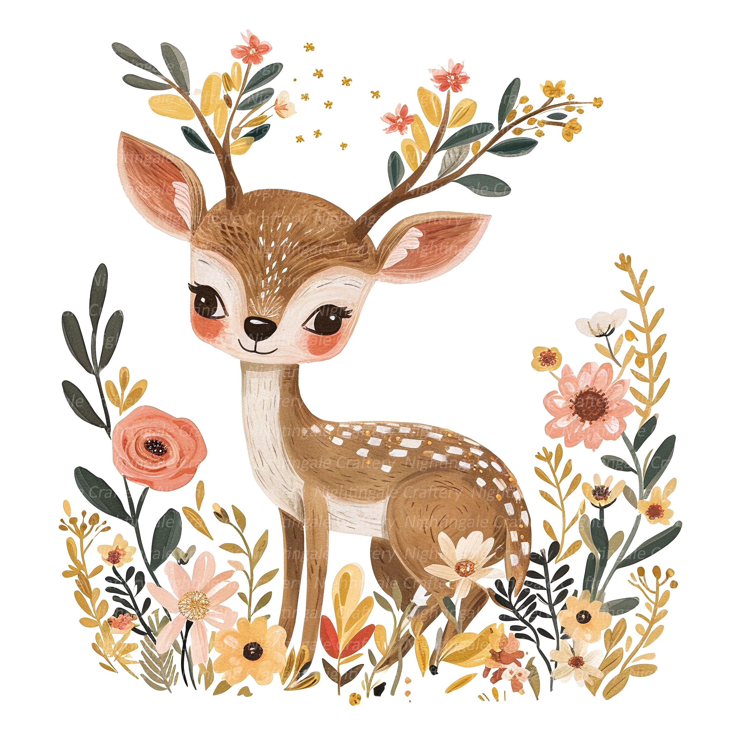 11 Floral Deer Cartoon Clipart, Cartoon Deer, Printable Watercolor ...