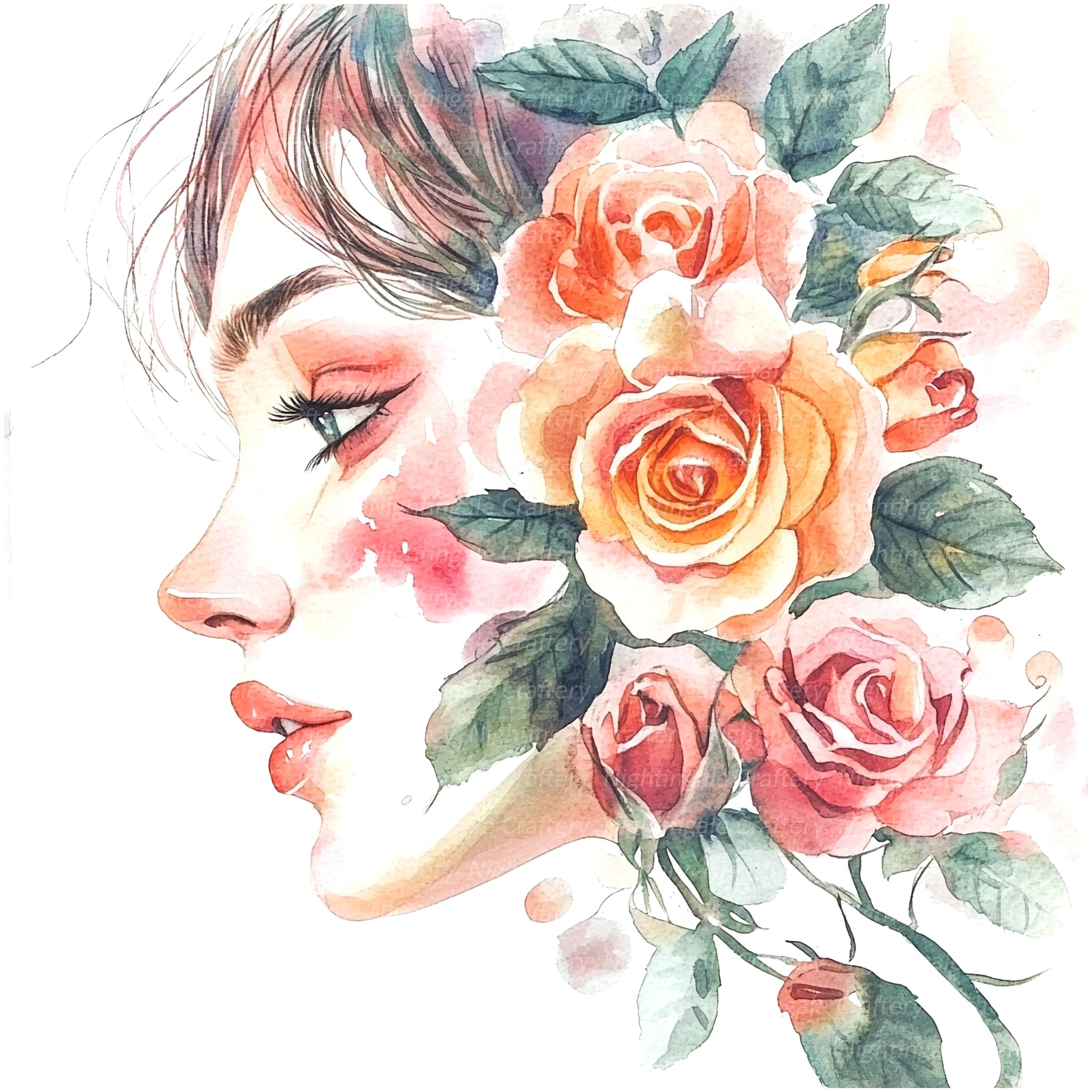 10 Floral Woman and Roses Clipart, Printable Watercolor Clipart, High ...