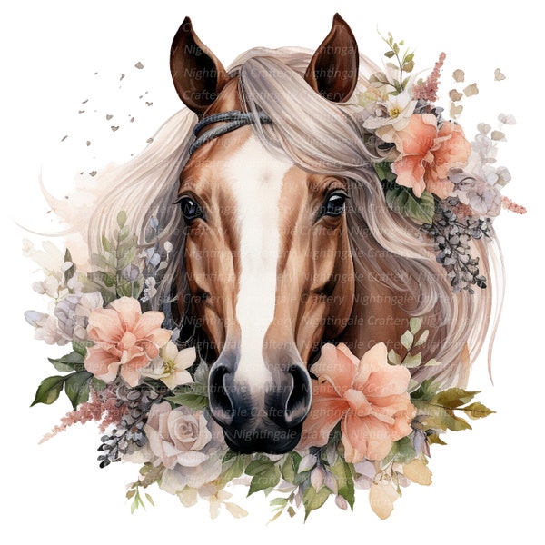 12 Blumen Pferde Clipart, druckbare Aquarell Clipart, hochwertige JPGs, digitaler Download, Sublimation, Junk Journals