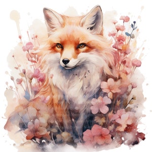 May include: A watercolor painting of a red fox with a soft, fluffy tail. The fox is surrounded by pink flowers and leaves, creating a whimsical and romantic scene.