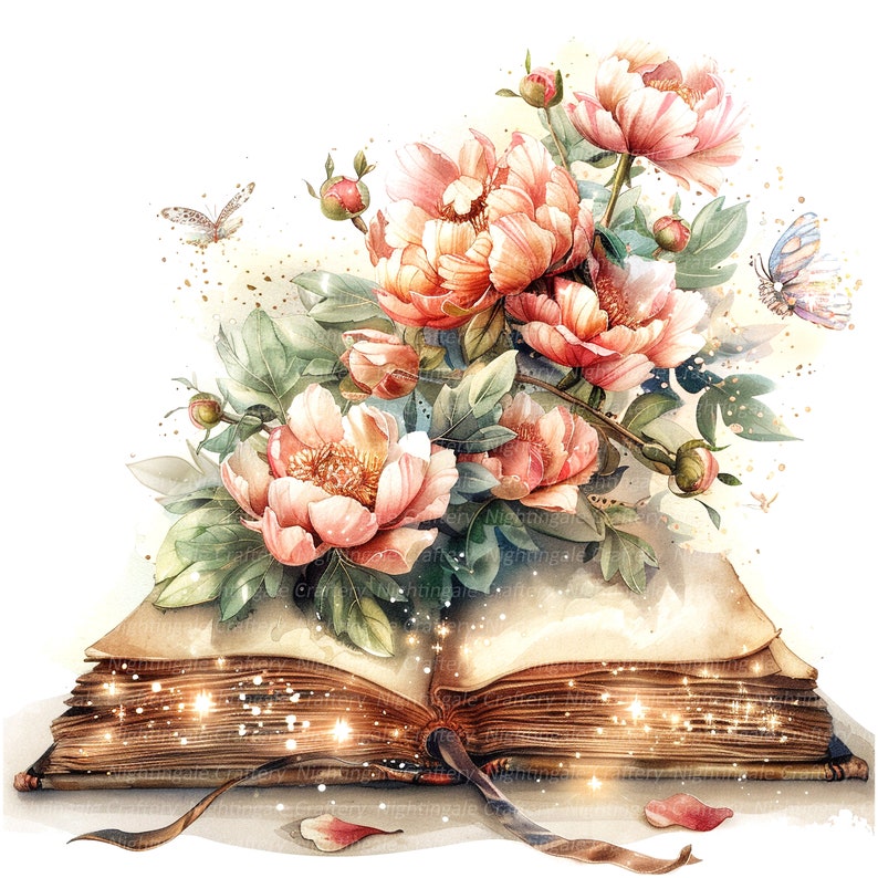 May include: An open book with a bouquet of pink peonies and butterflies on top. The book is old and has a worn leather cover. The pages are yellowed and the edges are curled. The book is surrounded by a soft glow of light.