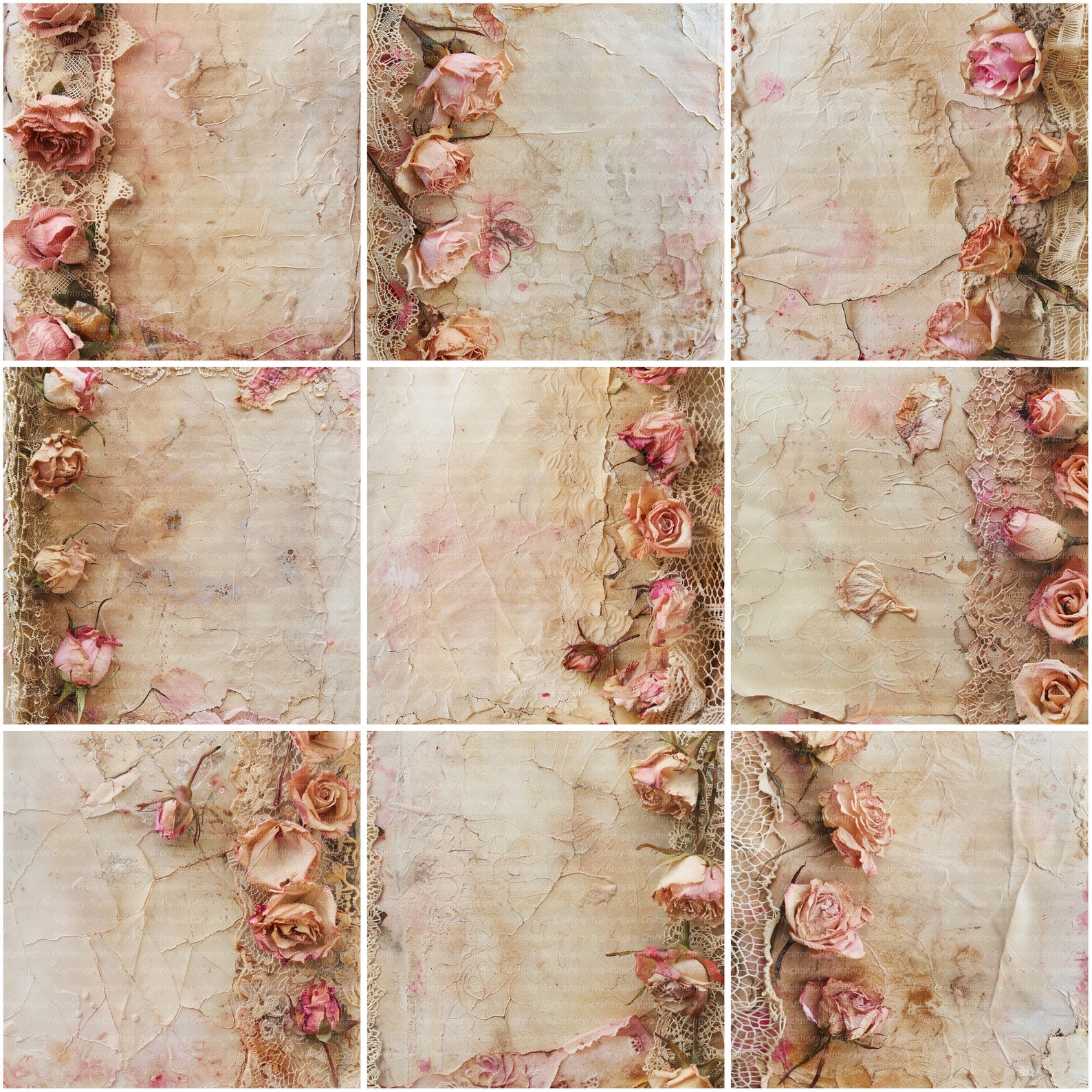 18 Dried Roses and Lace Texture Papers, 12 X 12 Digital Paper Pack ...