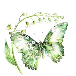 10 cliparts papillon muguet, Floral, clipart aquarelle imprimable, JPG de haute qualité, téléchargement numérique, créations en papier, journal indésirable
