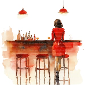 9 Woman in Bar Clipart Set 2, Mulher elegante, clipart em aquarela para impressão, JPGs de alta qualidade, download digital, artesanato em papel, diários indesejados