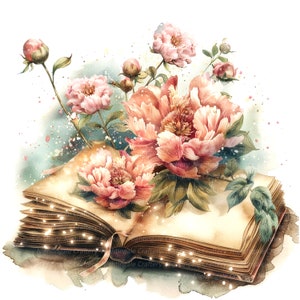 May include: A vintage book with delicate pink peonies and leaves, surrounded by a soft watercolor background. The book is open and has a warm, aged look, with a soft glow emanating from its pages.