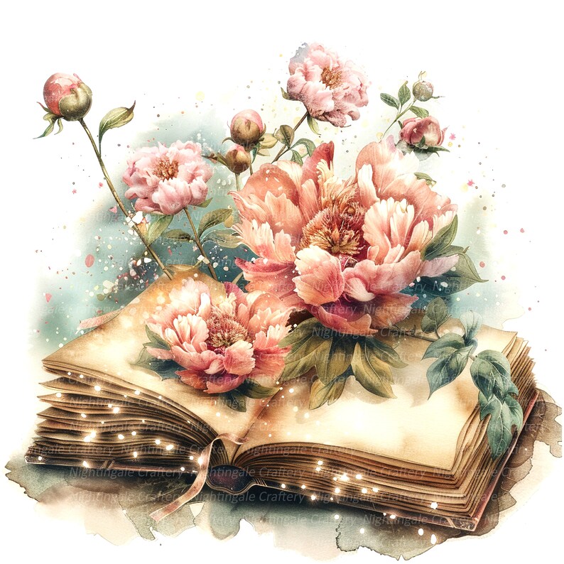 May include: A vintage book with delicate pink peonies and leaves, surrounded by a soft watercolor background. The book is open and has a warm, aged look, with a soft glow emanating from its pages.