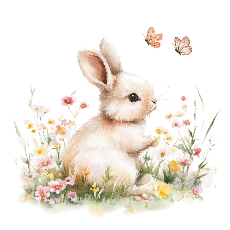 12 Floral Bunny Clipart Set 2, Cute Bunny Clipart, Printable Watercolor ...