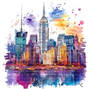 8 New York Wall Art, Arte murale astratta di New York City, Clipart acquerello stampabile, JPG di alta qualità, Download digitale, Carta artigianale, Poster