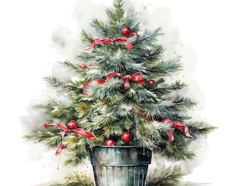 10 Potted Christmas Tree Clipart, Printable Watercolor clipart, High Quality JPG/PNGs, Digital download, Paper craft, junk journals