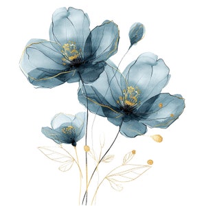 Op de afbeelding: Waterverf schilderij van blauwe bloemen met gouden accenten. De bloemen zijn delicaat en doorschijnend, met een zachte, etherische kwaliteit. De gouden accenten voegen een vleugje luxe en elegantie toe.
