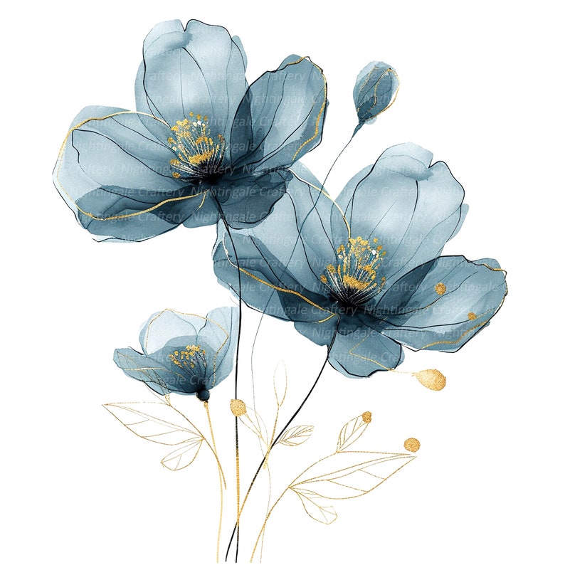 Op de afbeelding: Waterverf schilderij van blauwe bloemen met gouden accenten. De bloemen zijn delicaat en doorschijnend, met een zachte, etherische kwaliteit. De gouden accenten voegen een vleugje luxe en elegantie toe.